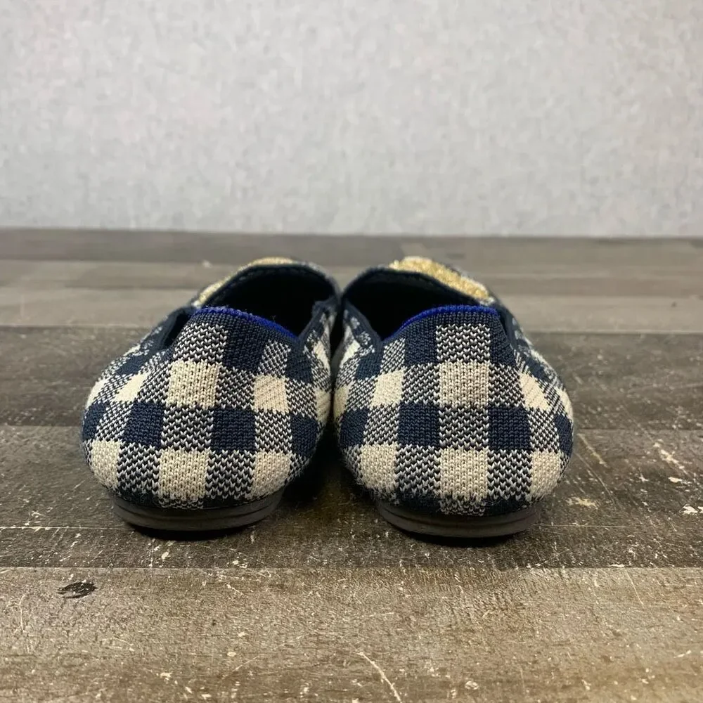 Rothy’s Big Girls Size 3 Gingham Loafers Gold Glitter Heart Plaid Ballet Flats